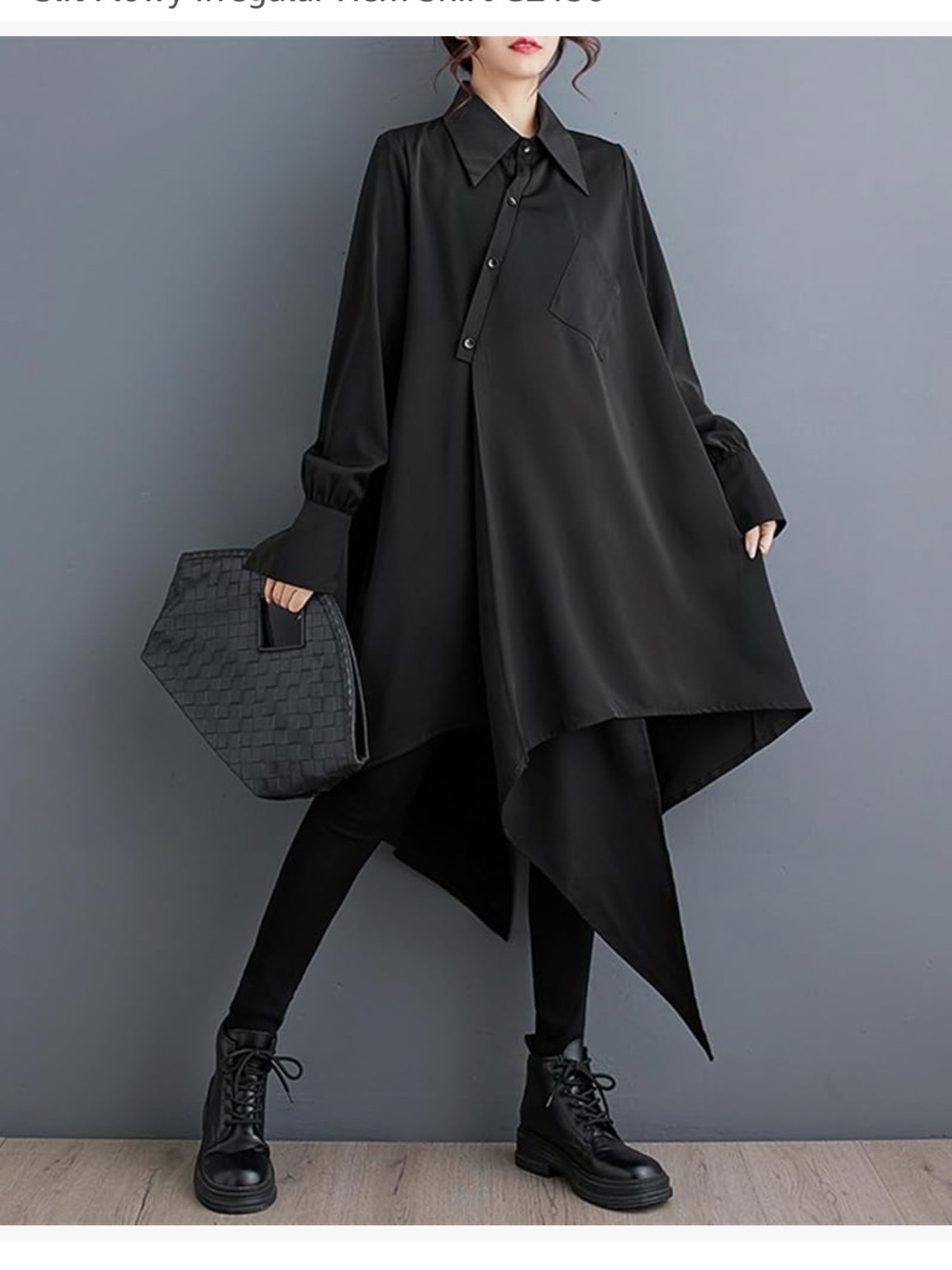 Asymmetric Black Shirt Dress - Modern Minimalist whimsigoth - Picture 2 of 9